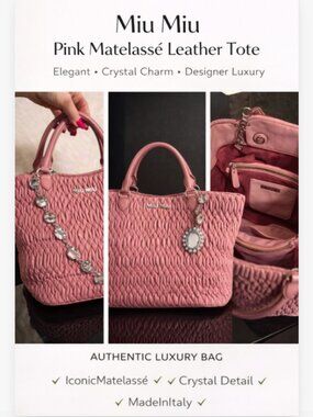 Miu Miu Matelasse Pink Leather Tote Crystal Charm Designer Bag